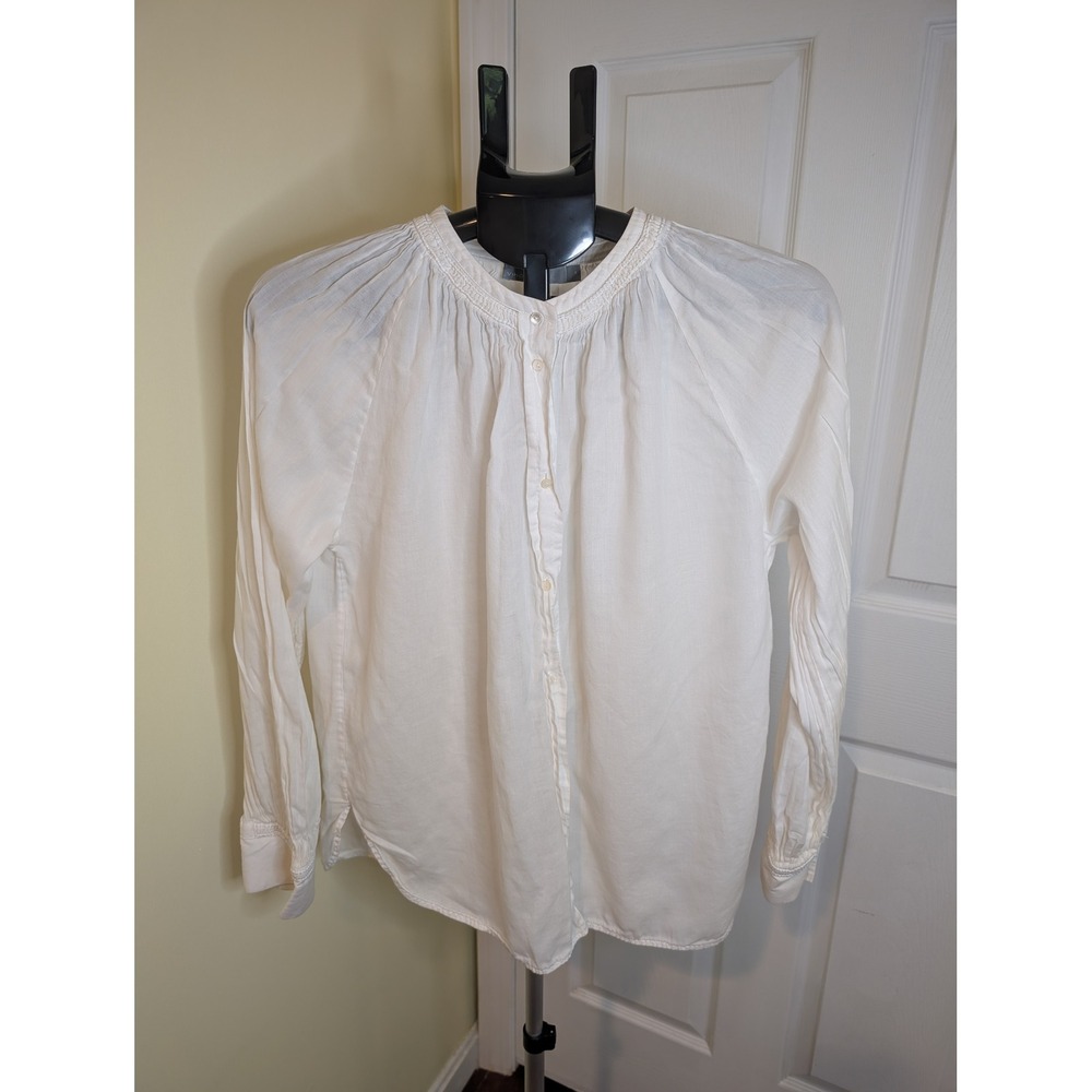 Vince Smocked Cotton Blouse Womens‎ Medium White Long Sleeve Button Front